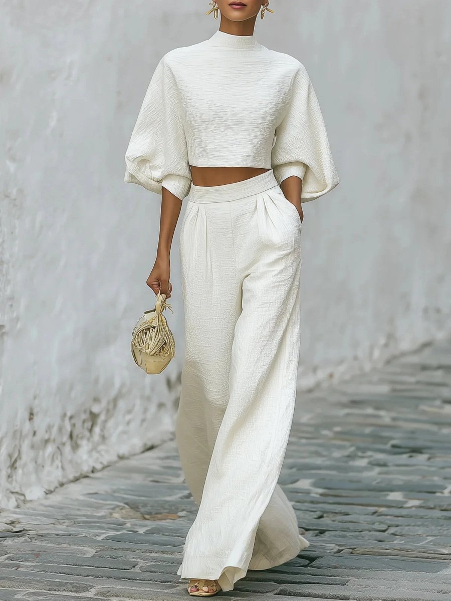 Neve | White Textured Crop Top Wide-Leg Set Women