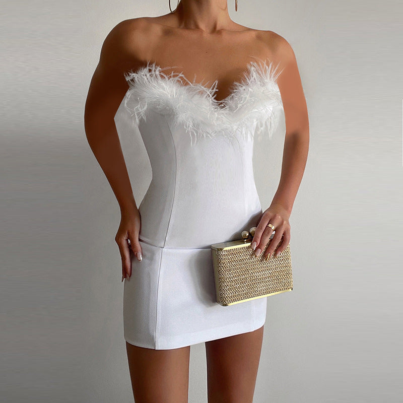 Feather Trim Cocktail Dress For Women