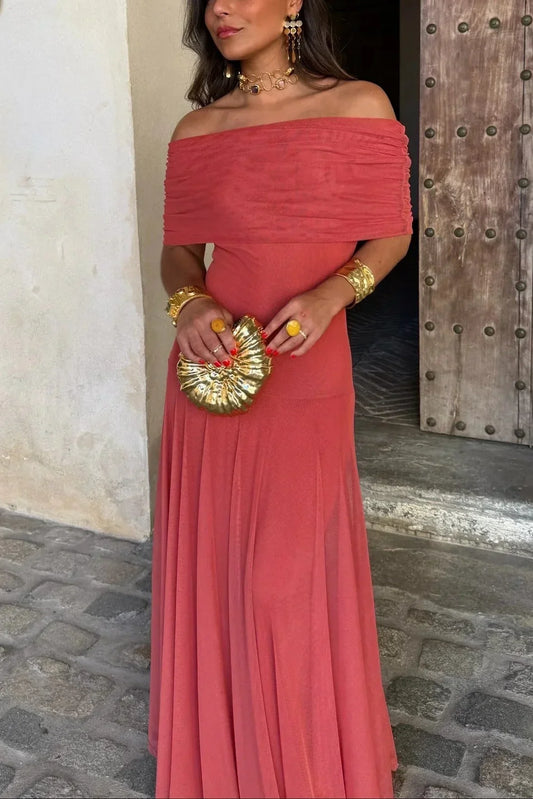Dravenelle | Off Shoulder Draped Waist Wedding Guest Maxi Dress