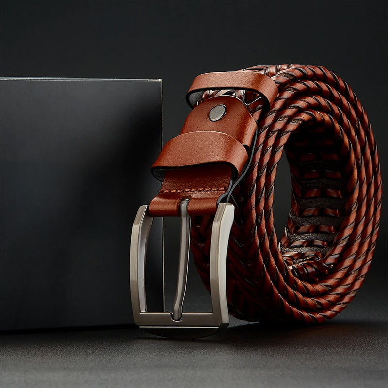 Braided Genuine Leather Belt with Metal Buckle