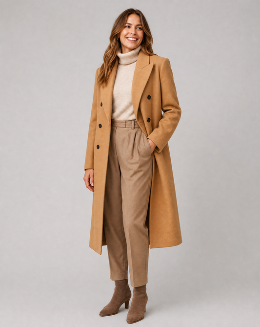 Women's Lapel Wool-Blend Tailored Coat — Double-Breasted Long-Sleeve Overcoat