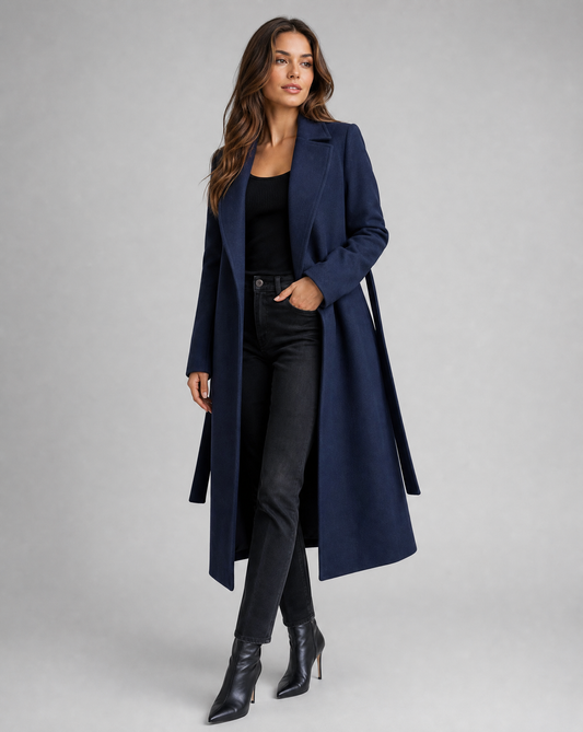 Women's Belted Wool-Blend Trench Coat — Elegant Long Winter Lapel Overcoat