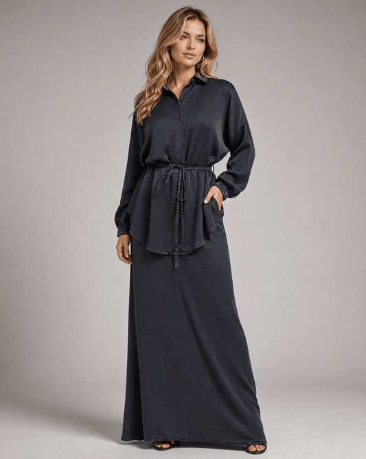 Women's Long Sleeve Tie-Front Shirt and Skirt Two-Piece Set