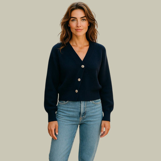 Cross Button V-Neck Wool Blend Sweater for Women