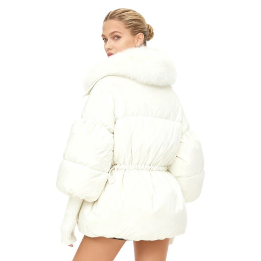 Banksia | Oversized Fox Fur Collar Down Puffer Coat – White