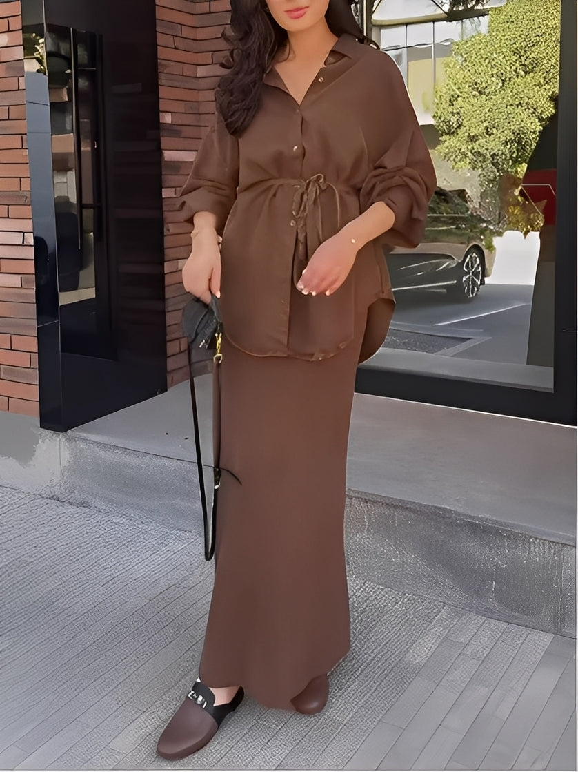 Women's Long Sleeve Tie-Front Shirt and Skirt Two-Piece Set