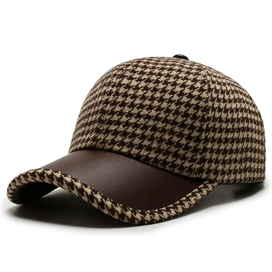 Men’s Houndstooth Cap with Faux Leather Detailing