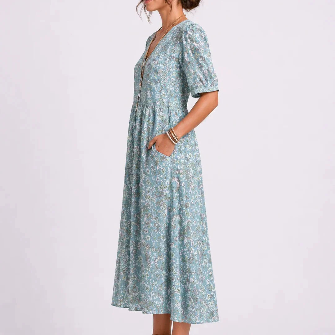 Celline | Printed A-Line Button Front Midi Dress with Pockets