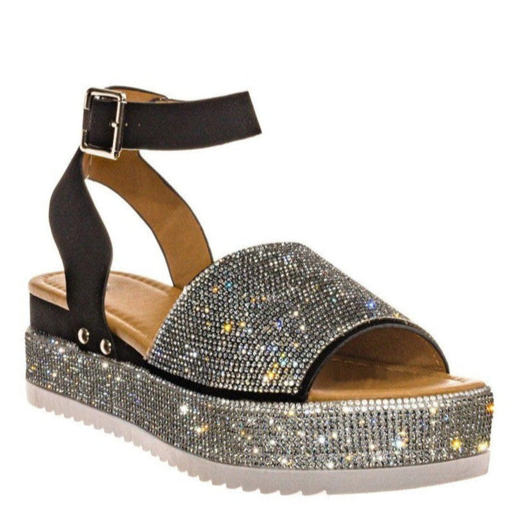 Rita | Women’s Rhinestone Platform Sandals - Chunky Sole with Buckle Strap