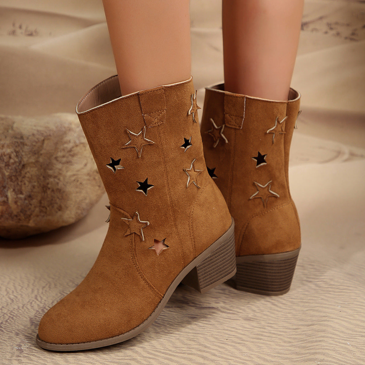 Lottie | Suede Style Cowboy Boots Star Cut Out