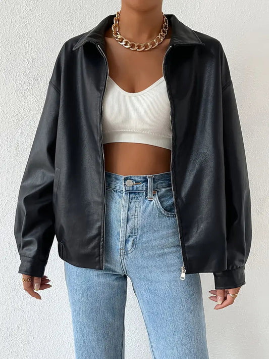 Women's Faux Leather Zip Jacket Black