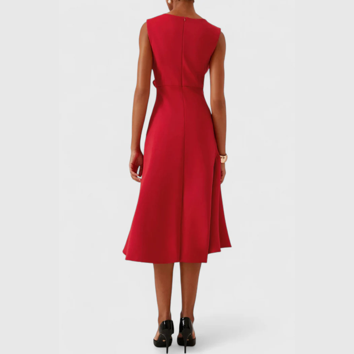 Solvara | Sleeveless Draped Asymmetrical Hem Midi Dress