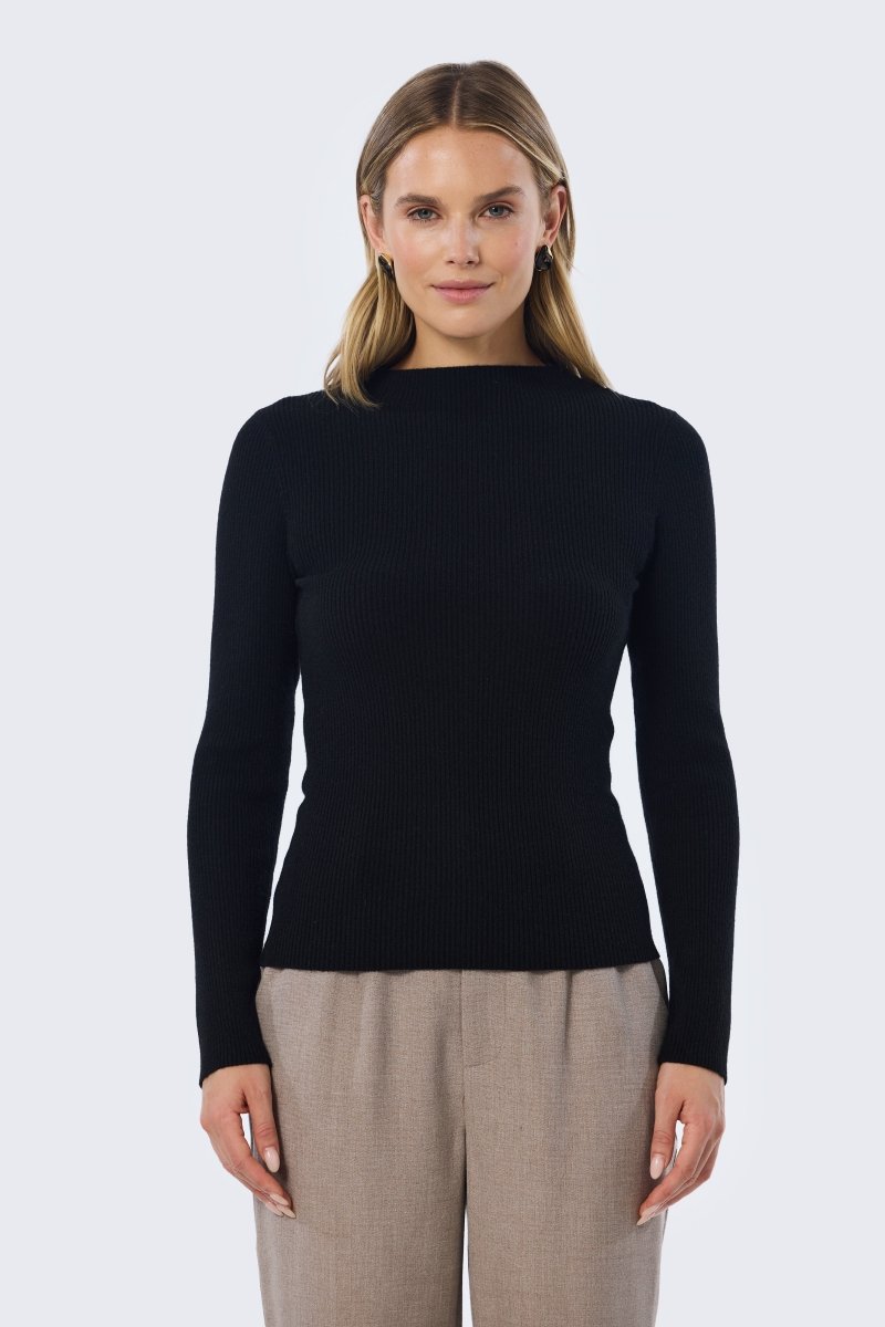 Mock Neck Long Sleeve Knit Top - Black