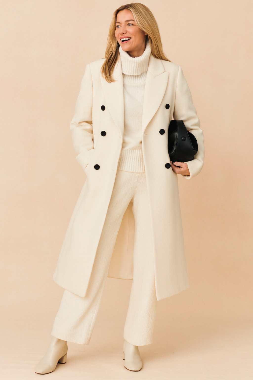 Women's Lapel Wool-Blend Tailored Coat — Double-Breasted Long-Sleeve Overcoat