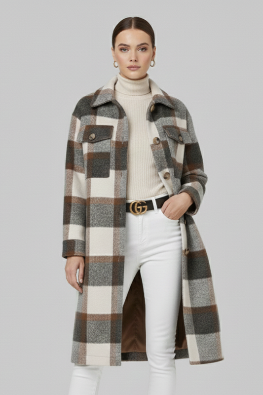 Odette | Women's Checked Woven Button Front Long Coat