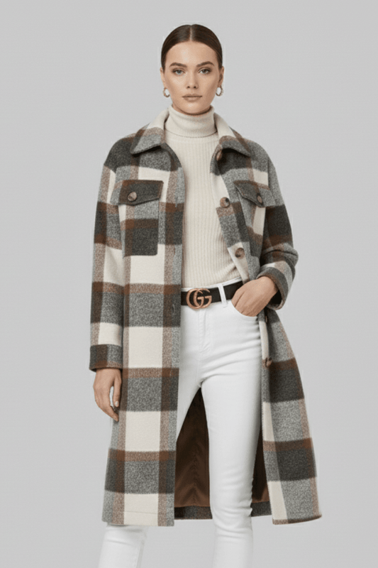 Odette | Women's Checked Woven Button Front Long Coat