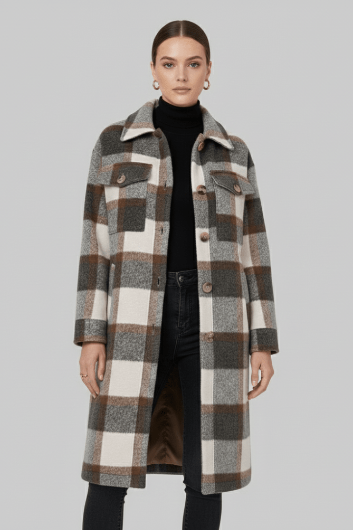 Odette | Women's Checked Woven Button Front Long Coat