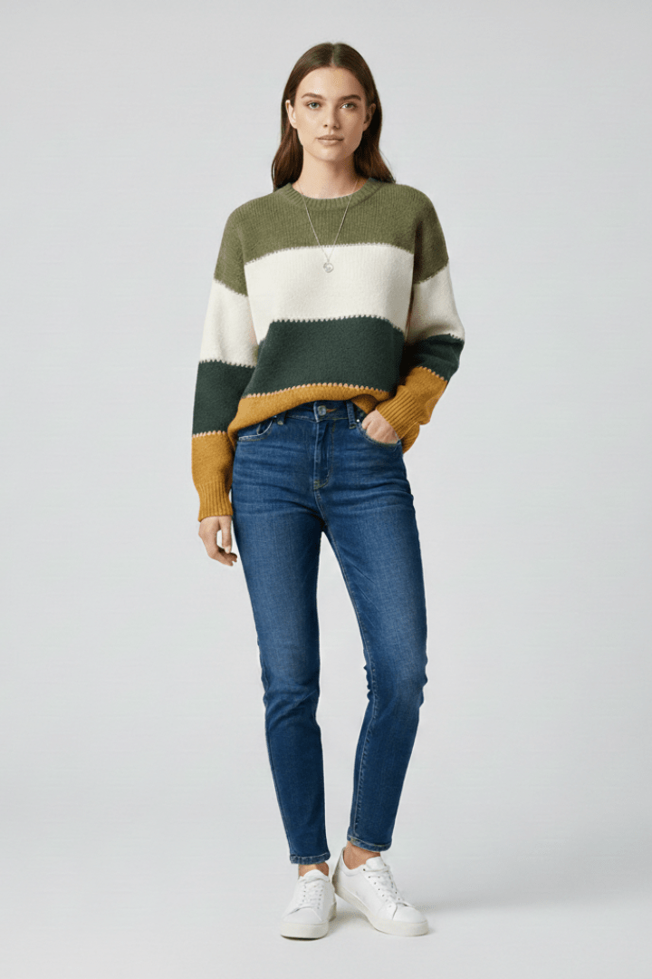 Beau | Women's Striped Relaxed Long Sleeve Knit Sweater