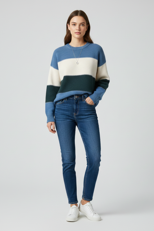 Beau | Women's Striped Relaxed Long Sleeve Knit Sweater