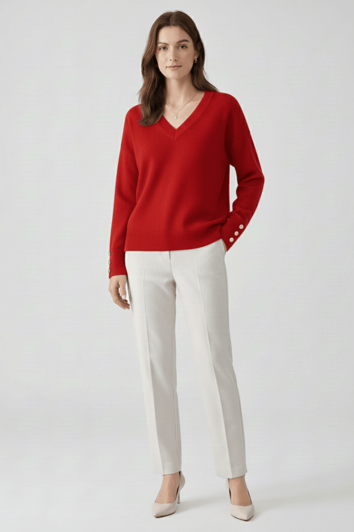 Cleo | Women's V-Neck Dropped Shoulder Buttoned Cuff Sweater