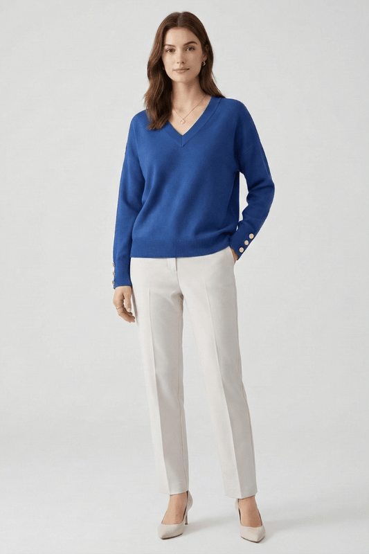 Cleo | Women's V-Neck Dropped Shoulder Buttoned Cuff Sweater