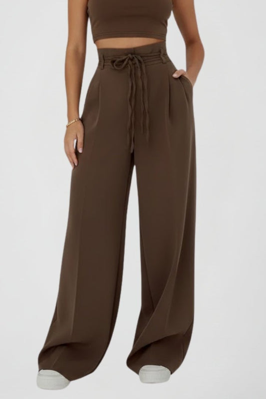 Demi | Women's High Rise Tie Waist Wide Leg Trousers