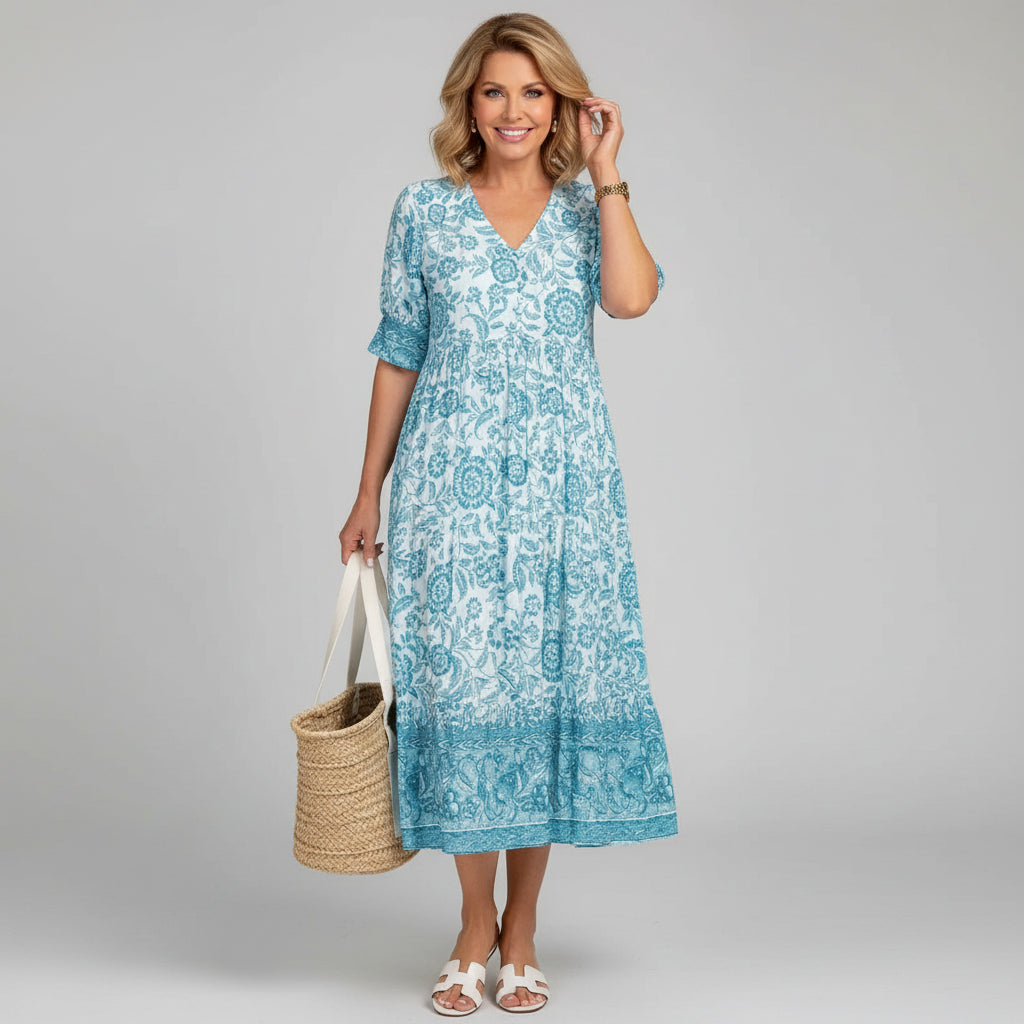 Tiered Boho Midi Dress in Block Print — Summer Style