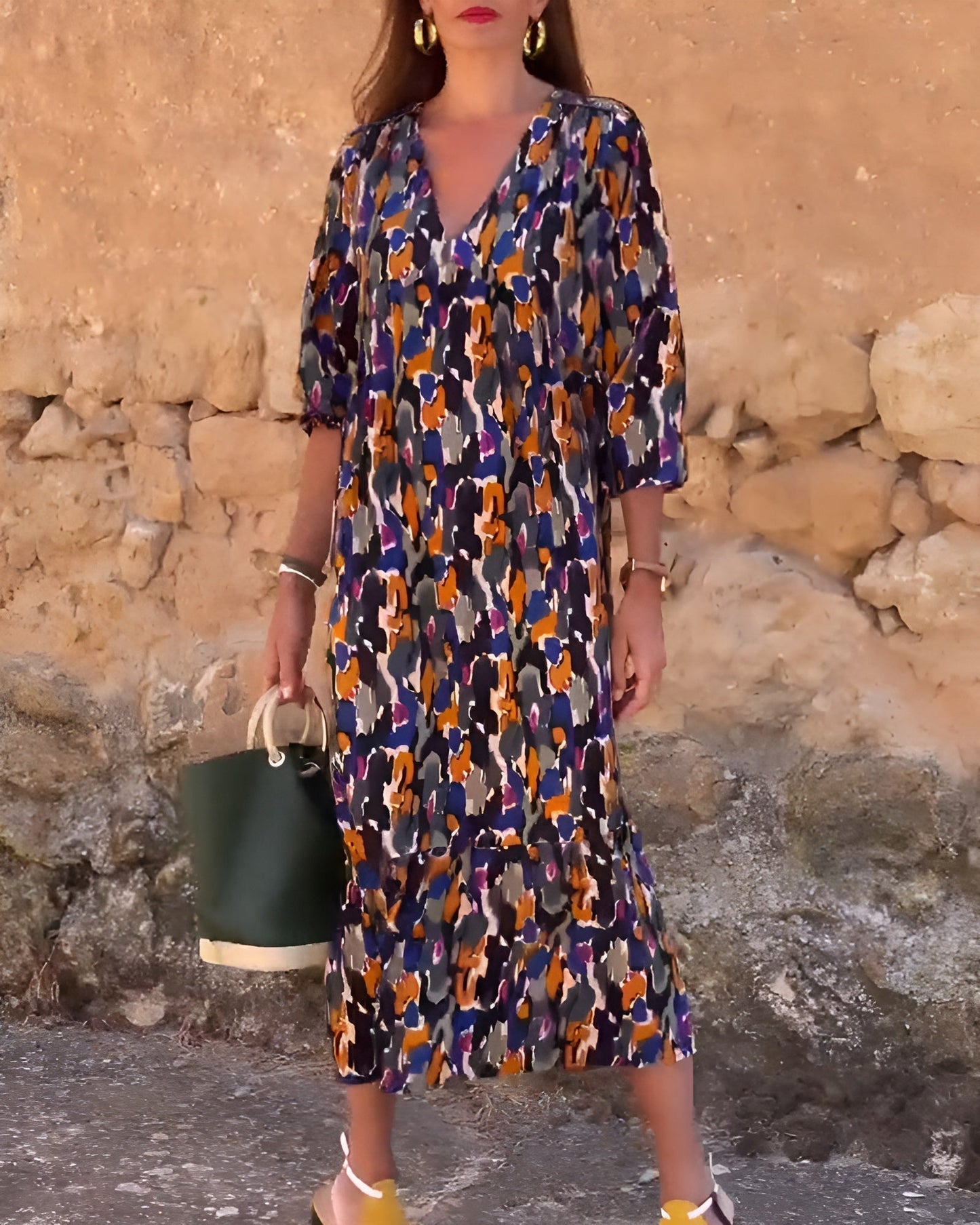 Leora | Bold Abstract Print V-Neck Midi Dress