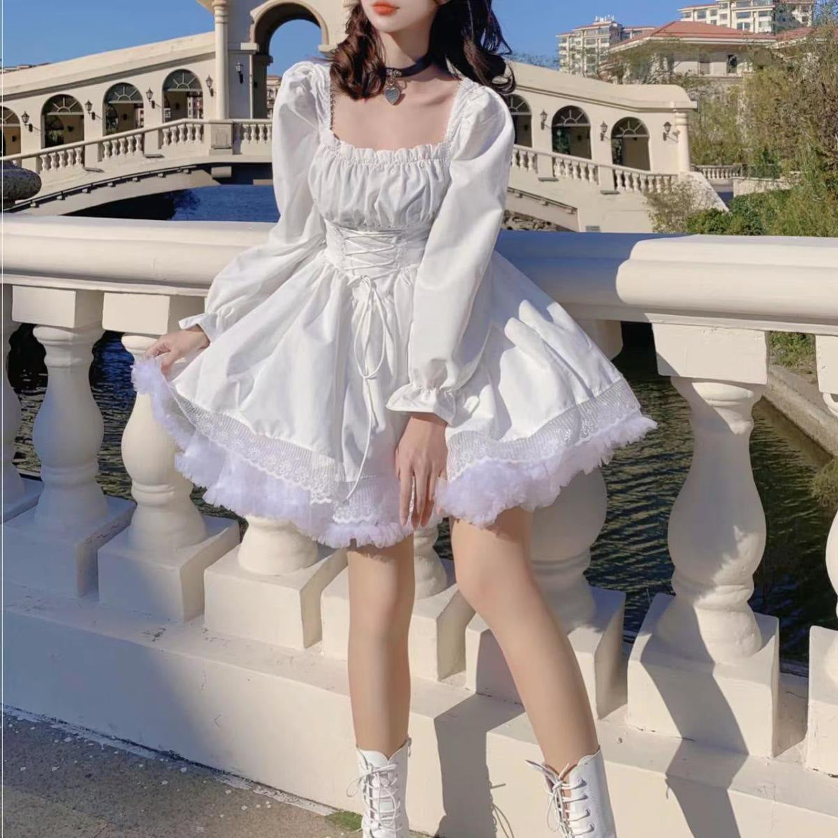 Square Neck Lace-Up Mini Dress For Women