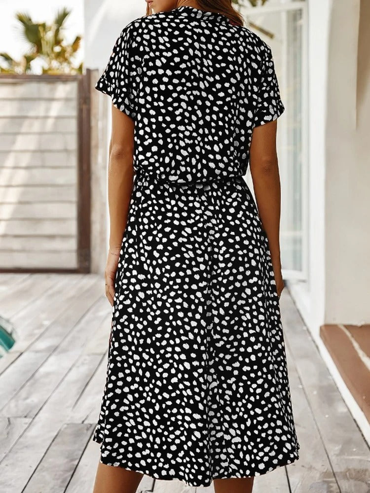 Summara | Printed Short Sleeve Adjustable Waist Casual Midi Dress