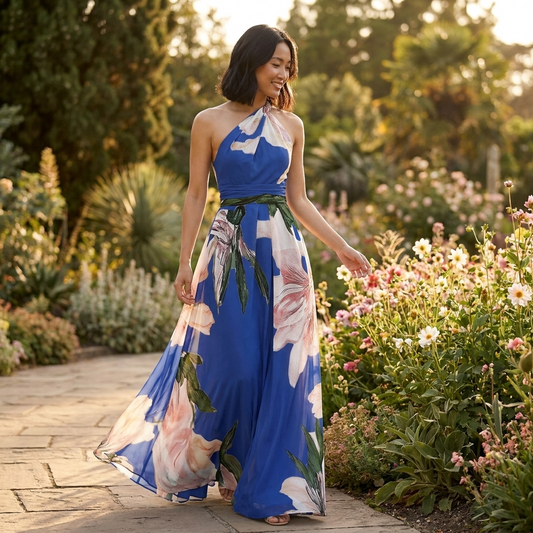 Printara | Printed Halter Asymmetric Occasion Maxi Dress