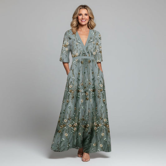 V-Neck Embroidered Floral Maxi Dress — Summer Wedding Guest Holiday Style