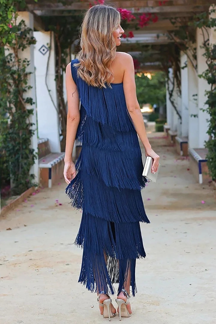 Lena | Women's One-Shoulder Fringe Knit Maxi Dress