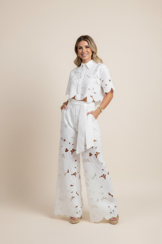 Wide-Leg Trousers and Floral Lace Cut-Out Cropped Shirt Set