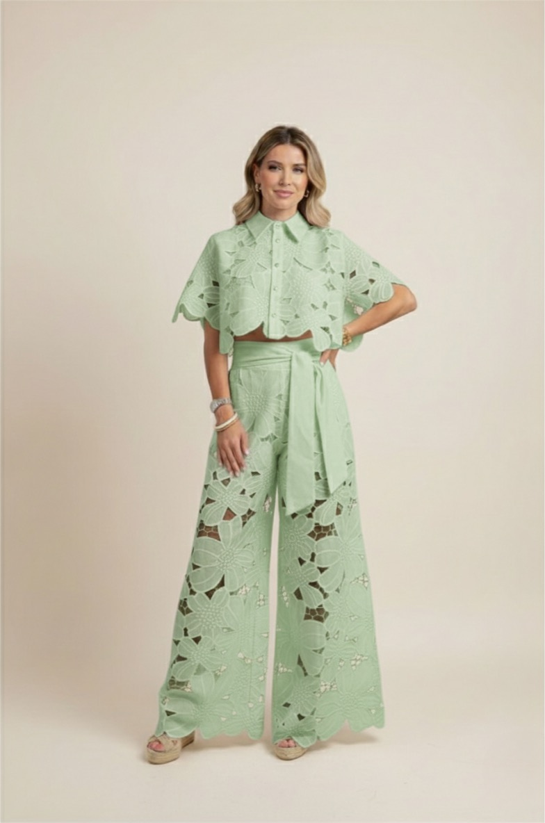 Wide-Leg Trousers and Floral Lace Cut-Out Cropped Shirt Set