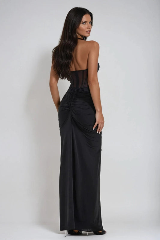 Ruched Corset Bodice Halter Neck Maxi Dress