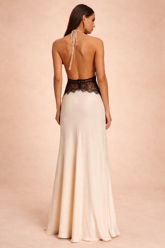 Lace Waist Panel Satin Maxi Dress with Halter Neck