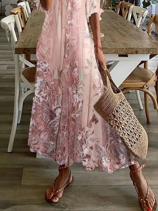 Lace Floral V-Neck Loose Casual Maxi Dress