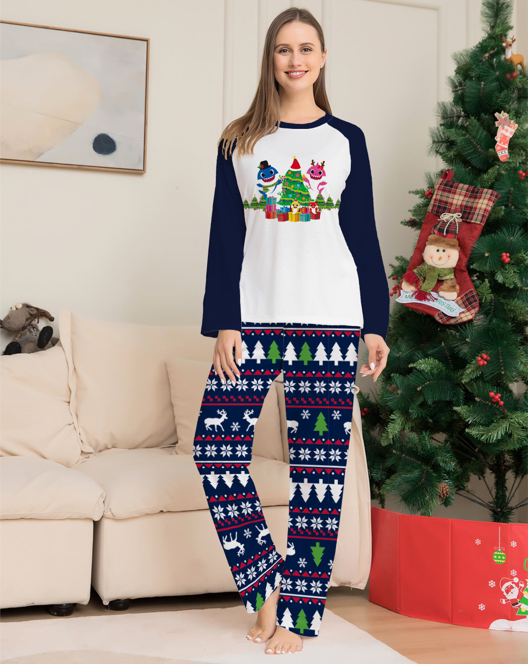 Bramble | Christmas Pyjamas Shark Tree Print Navy