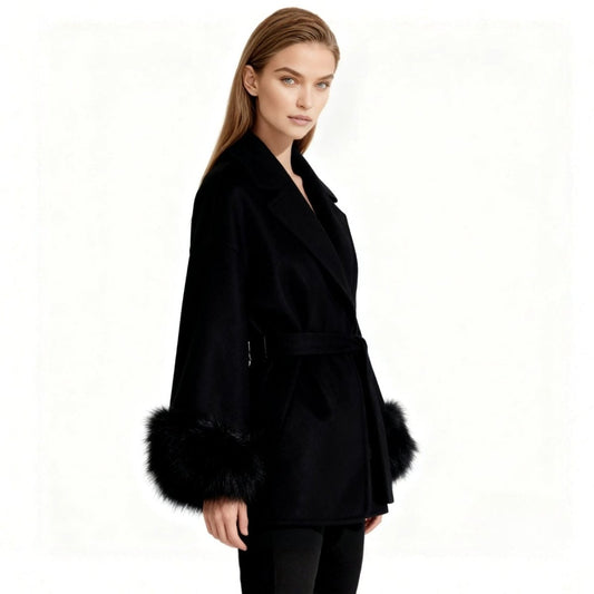 Lara | Belted Wool-Cashmere Coat with Fur Cuffs – Black