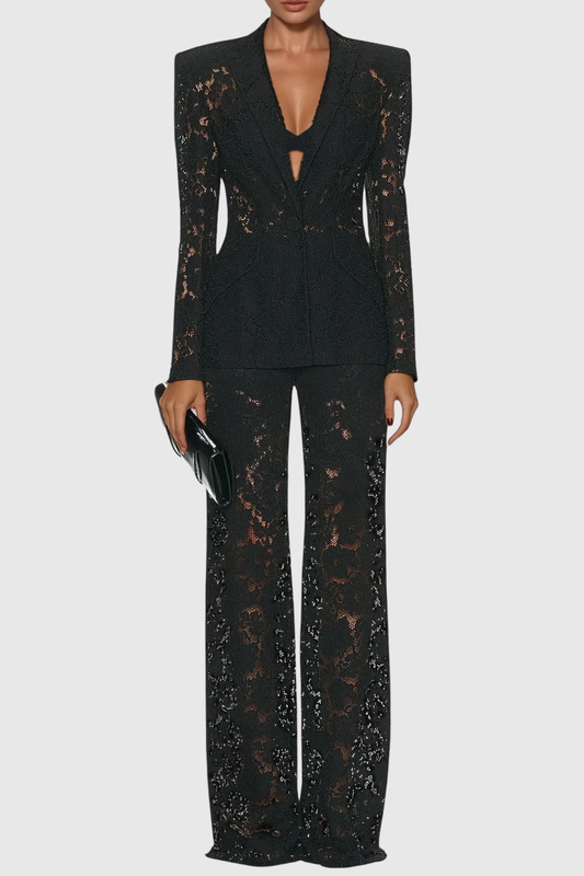 Lace Blazer and Wide-Leg Trousers Long Sleeve Two-Piece Suit Set