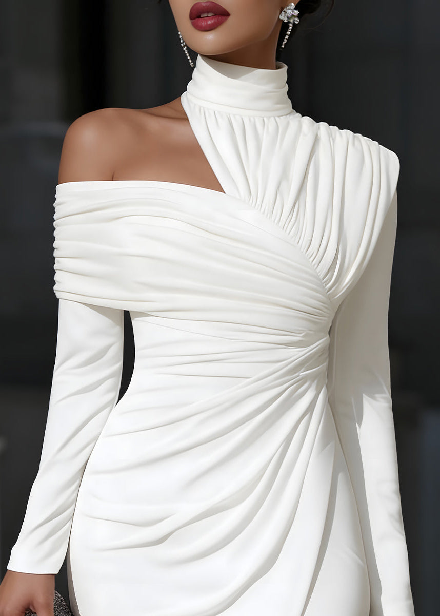 One Shoulder Bodycon Midi Dress with Slit — Long Sleeve Wedding Guest Dress
