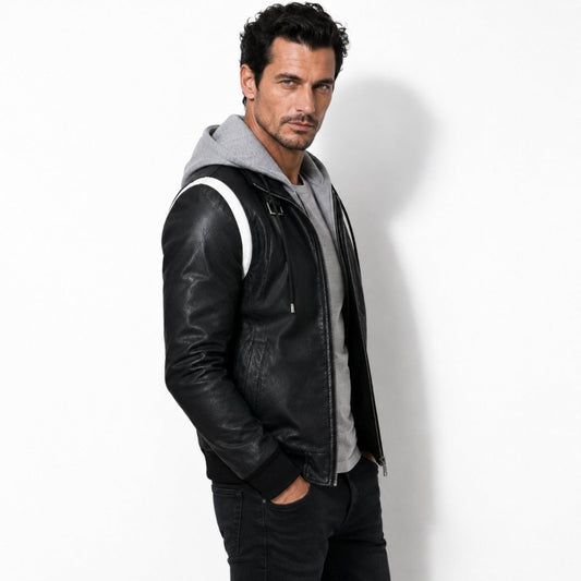 Auden | Men's Embroidered Hooded Leather Biker Jacket