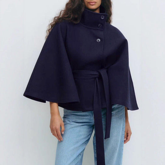 Matilda | Belted Cape Wool Blend Coat – Navy Blue
