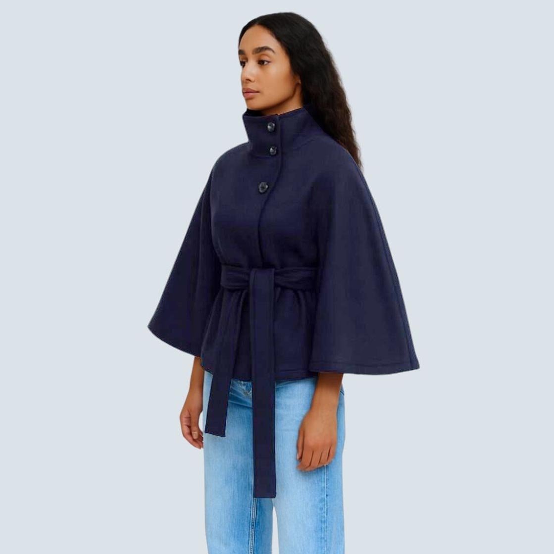 Matilda | Belted Cape Wool Blend Coat – Navy Blue