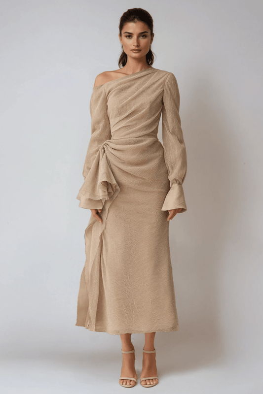 Draped One-Shoulder Long Sleeve Formal Maxi Dress