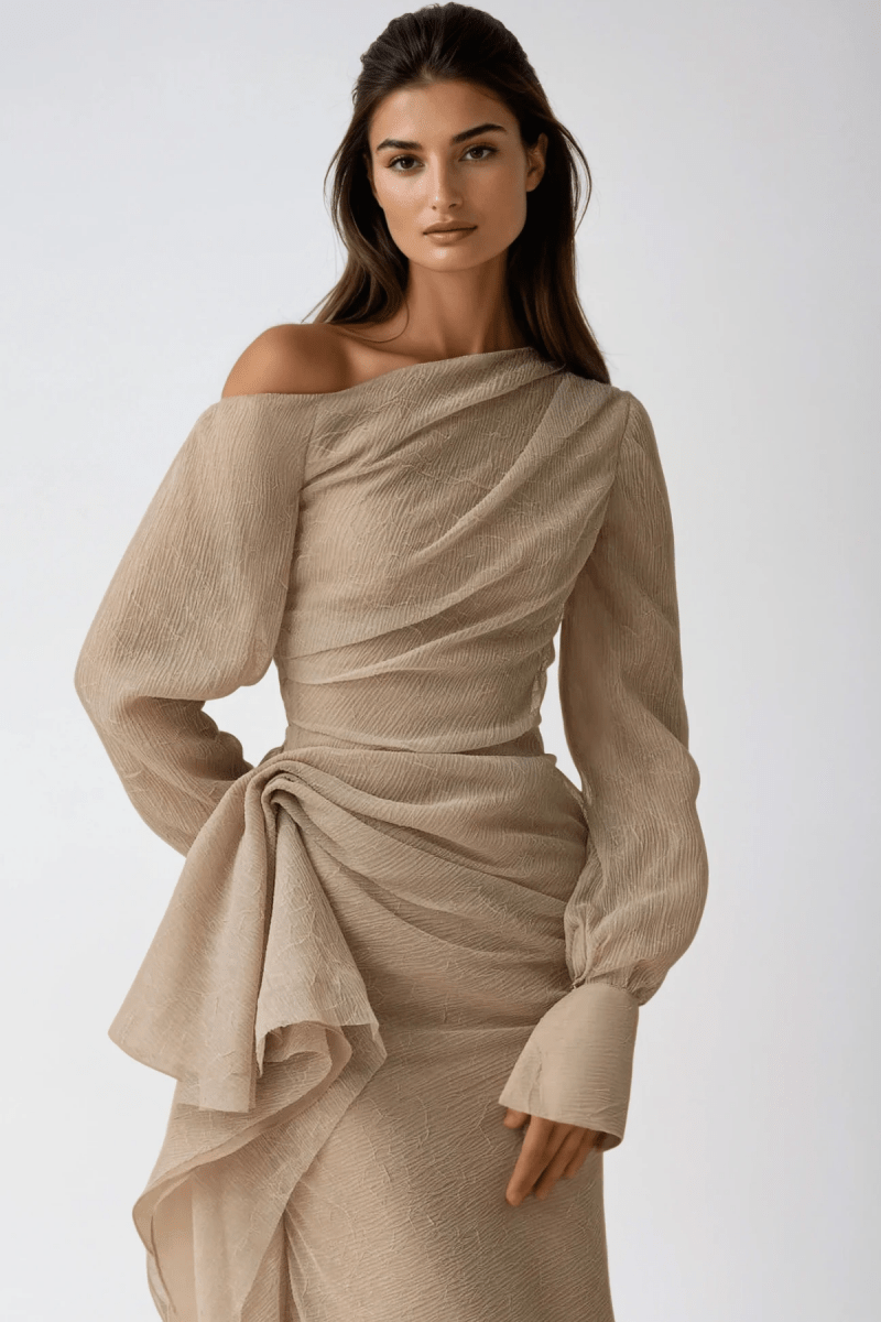 Draped One-Shoulder Long Sleeve Formal Maxi Dress