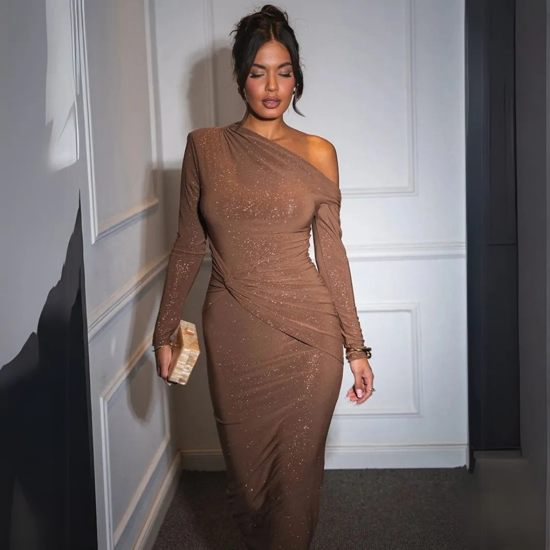 Long Sleeve Glitter Ruched One-Shoulder Maxi Dress
