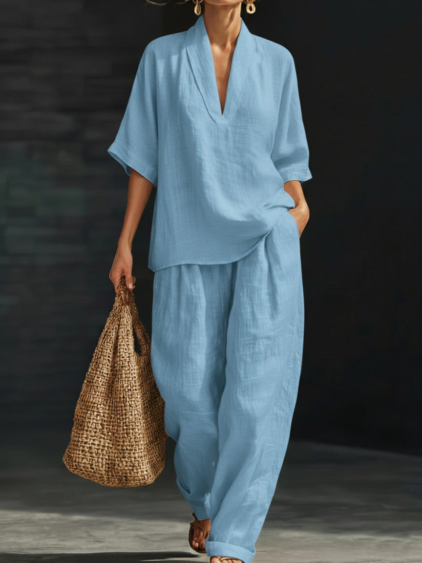 Sienna | Linen V-Neck Top and Wide Leg Trouser Set