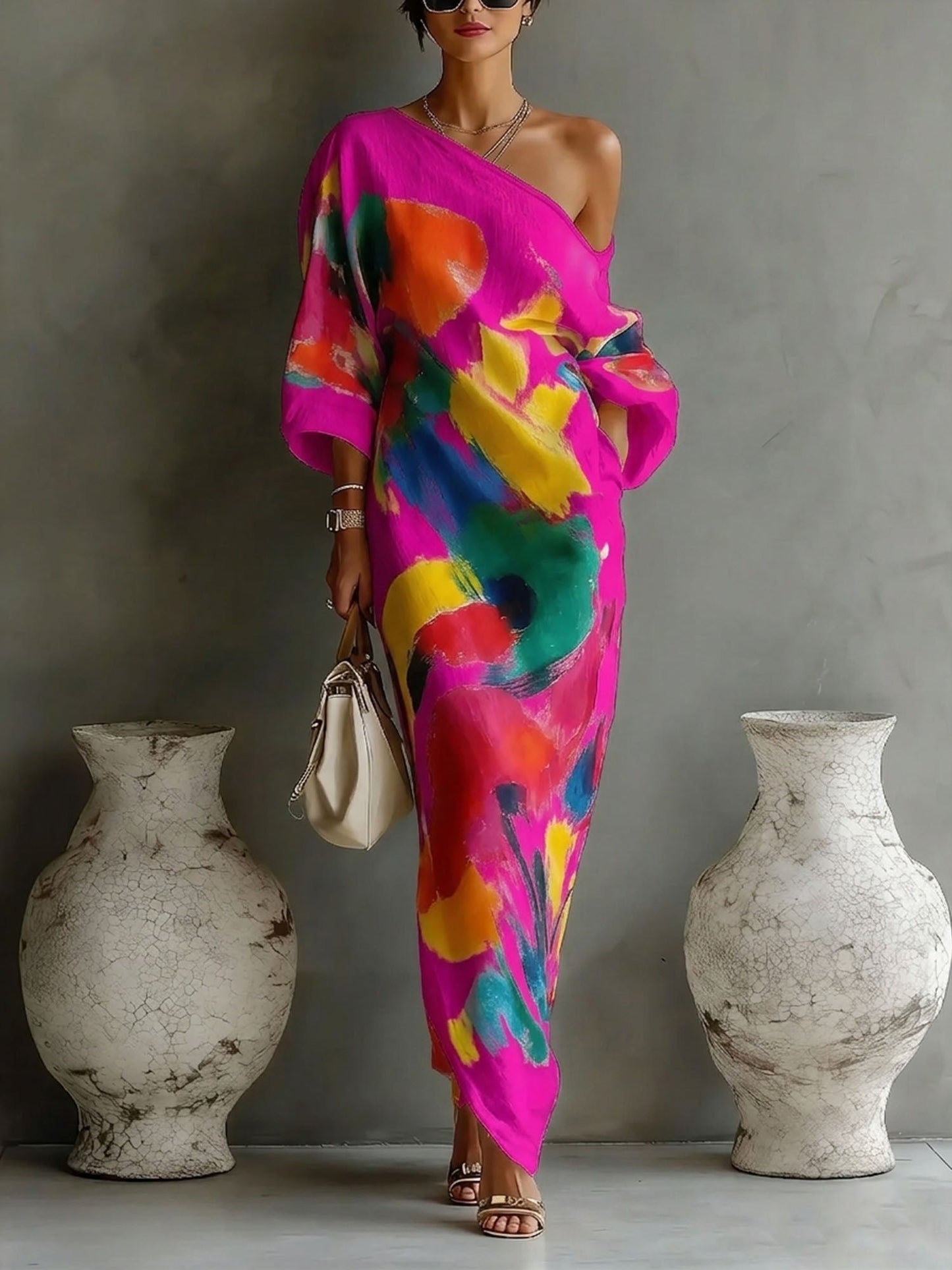 Quincy | One Shoulder Batwing Linen Maxi Dress